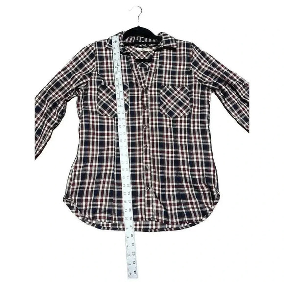 Skies Are Blue‎ Women's V-Neck Maroon Navy Plaid Shirt Roll Tab Sleeve Size M - Picture 8 of 11